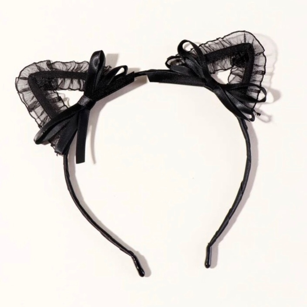 Black Mesh & Ribbon Cat Ears Headband - Picture 2 of 6
